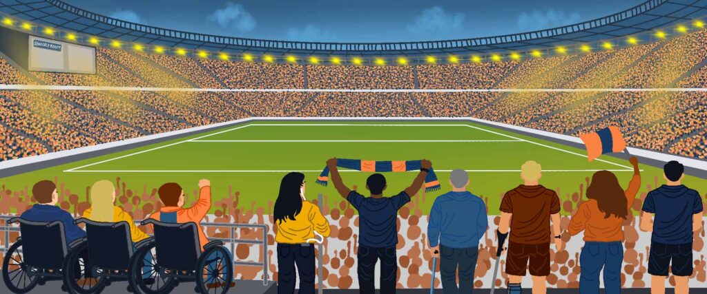 An infographic displaying the accessible seating area at a football stadium during a match.